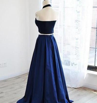 Two Piece Halter Satin Long Prom Dress, Formal Dresses
