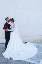 Robe de mariée sirène en dentelle blanche, coupe trapèze, avec traîne amovible