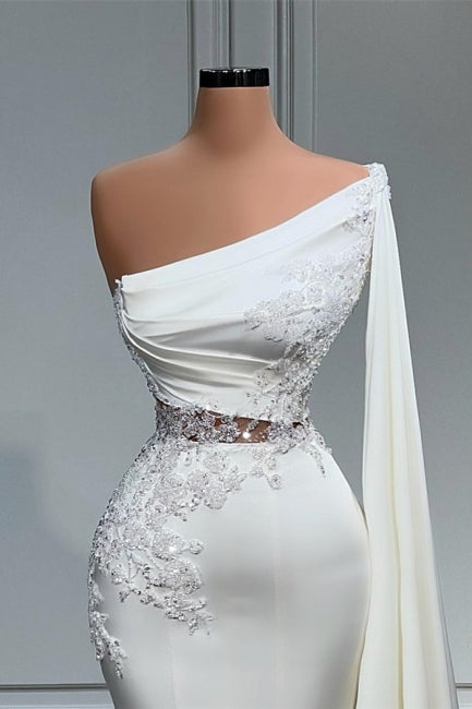 Robe de bal sirène asymétrique blanche en satin stretch à une épaule