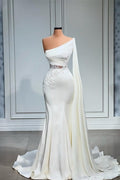 Robe de bal sirène asymétrique blanche en satin stretch à une épaule