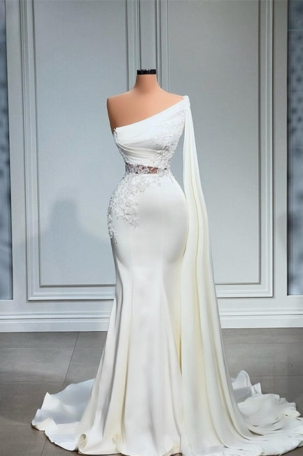 Robe de bal sirène asymétrique blanche en satin stretch à une épaule