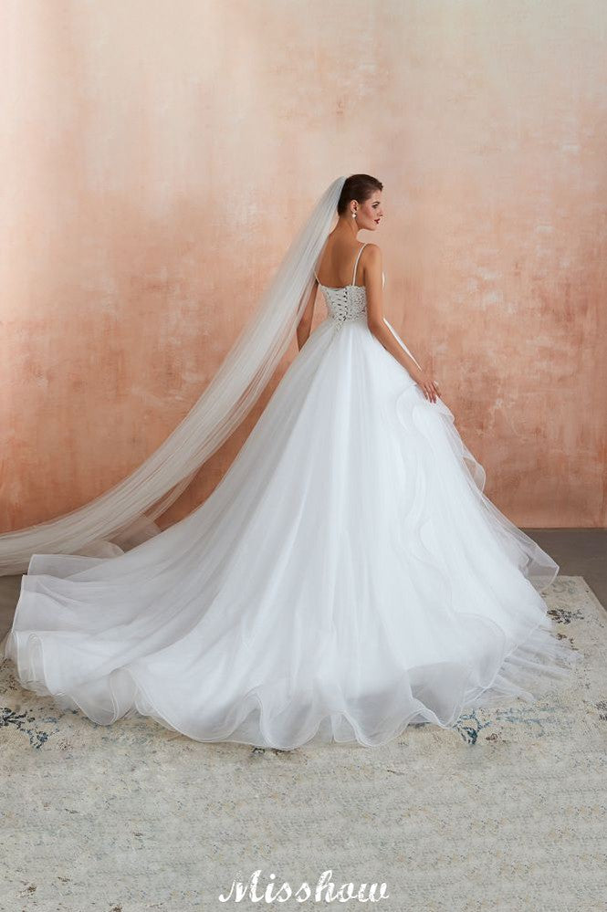 Robe de mariée blanche de bal avec traîne chapelle, bretelles spaghetti transparentes et lacées, à vendre
