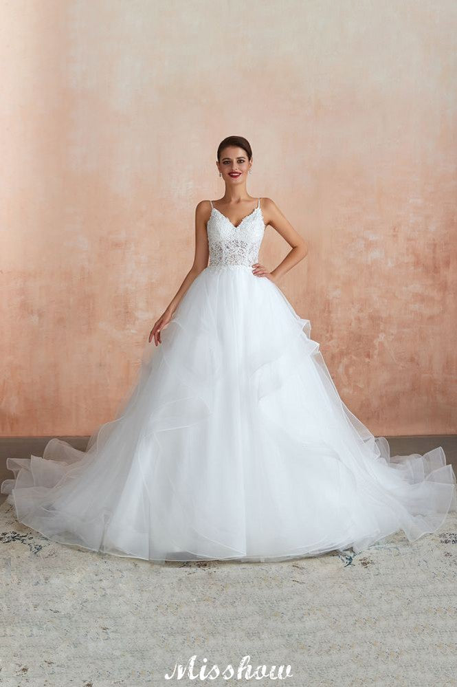 Robe de mariée blanche de bal avec traîne chapelle, bretelles spaghetti transparentes et lacées, à vendre