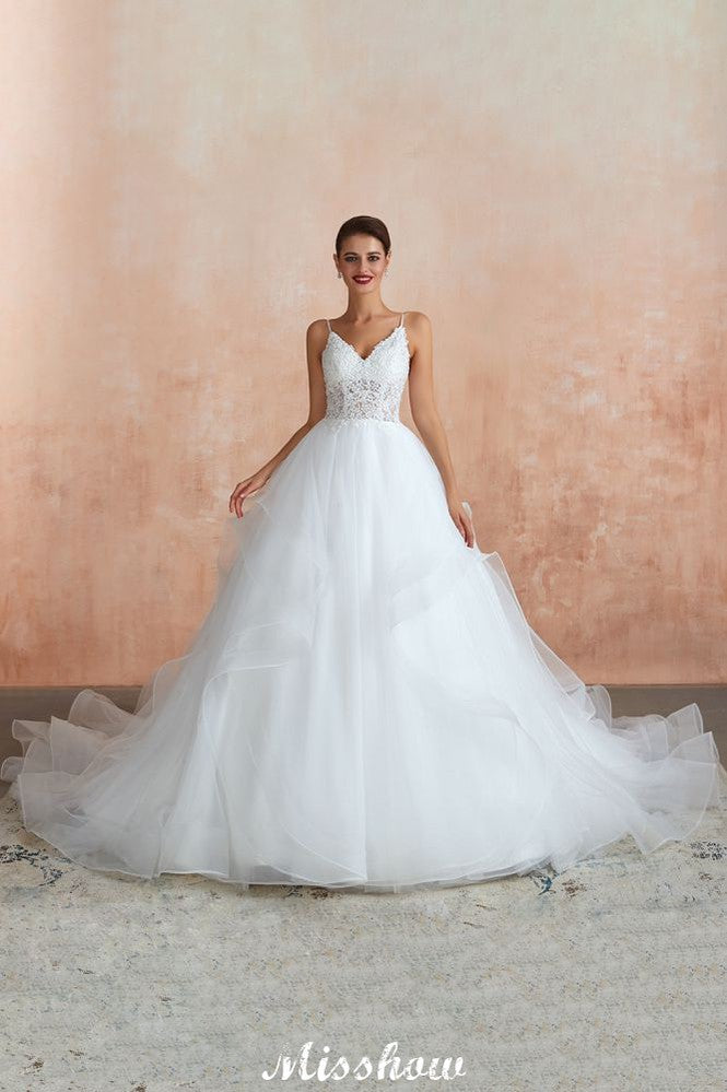 Robe de mariée blanche de bal avec traîne chapelle, bretelles spaghetti transparentes et lacées, à vendre