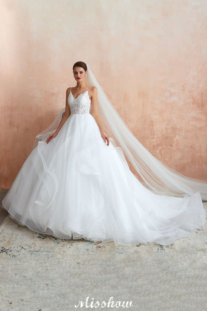 Robe de mariée blanche de bal avec traîne chapelle, bretelles spaghetti transparentes et lacées, à vendre