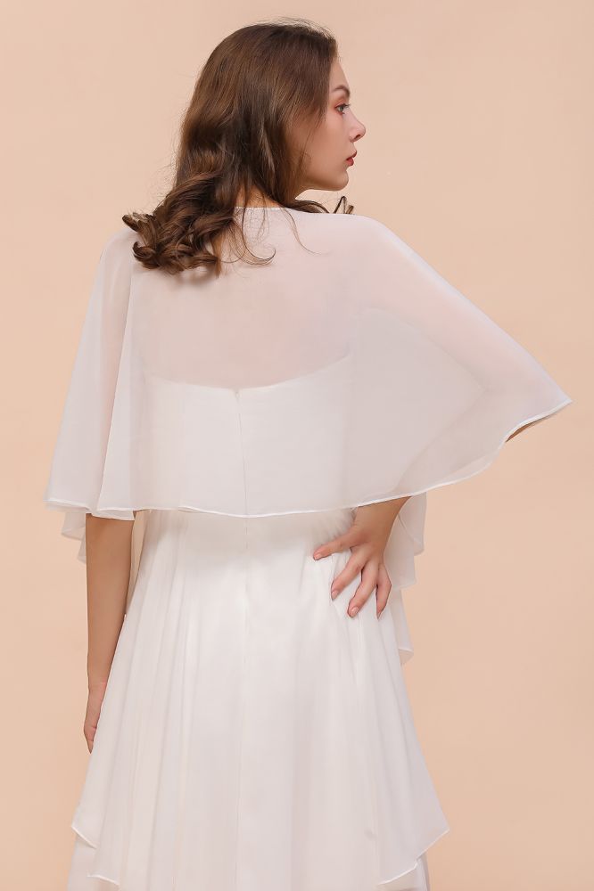 Vestido blanco de dama de honor hasta la rodilla, vestido de invitada de boda de dos capas con chal.