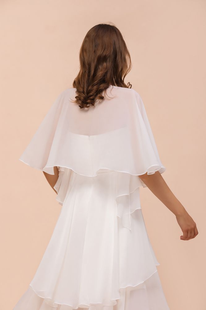Vestido blanco de dama de honor hasta la rodilla, vestido de invitada de boda de dos capas con chal.