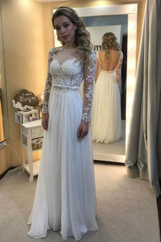 Robe de mariée ivoire en mousseline, manches longues, dos nu, ornée d'appliqués WD360