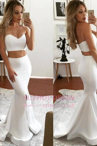 White Designer Two Pieces Formal Evening Dresses Mermaid Sweetheart Sleeveless Front Slit Formal Dresses