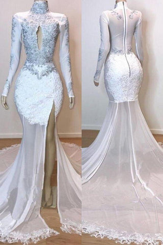 White Glamorous Lace Long Sleeves Prom Dresses Sheer Tulle Slit Mermaid Evening Gowns