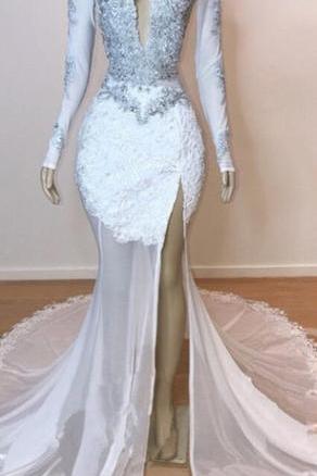 White Glamorous Lace Long Sleeves Prom Dresses Sheer Tulle Slit Mermaid Evening Gowns