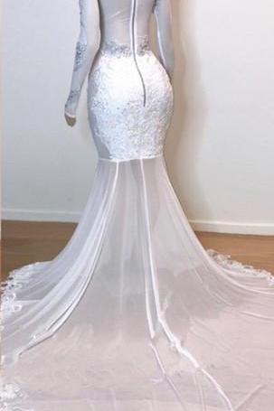 White Glamorous Lace Long Sleeves Prom Dresses Sheer Tulle Slit Mermaid Evening Gowns