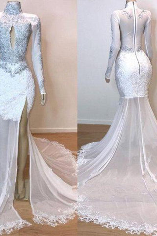 White Glamorous Lace Long Sleeves Prom Dresses Sheer Tulle Slit Mermaid Evening Gowns