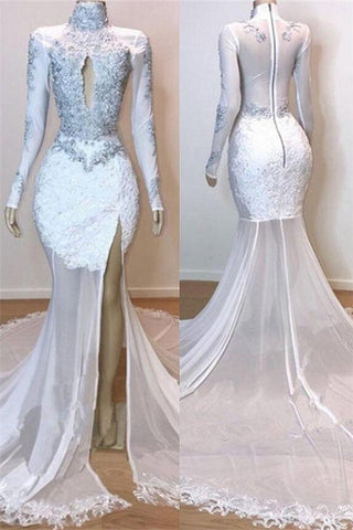 White Glamorous Lace Long Sleeves Prom Dresses Sheer Tulle Slit Mermaid Evening Gowns