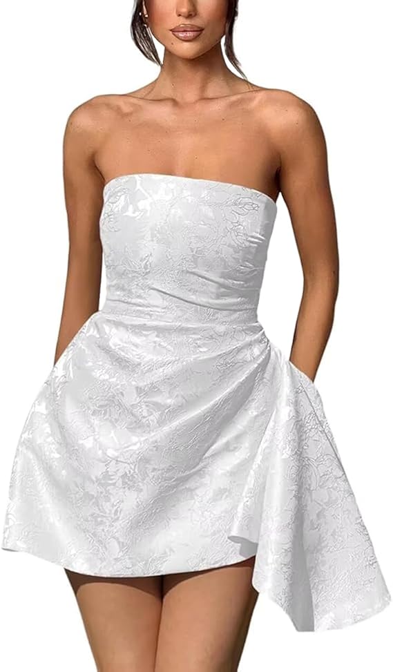 Vestido corto de fiesta de bienvenida, sin tirantes, corte en A, de satén jacquard, asimétrico, con cordones.