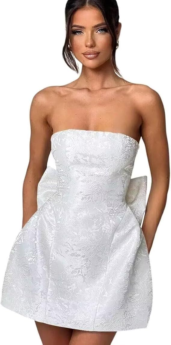 Robe de bal courte bustier sans manches en satin jacquard à lacets avec nœud