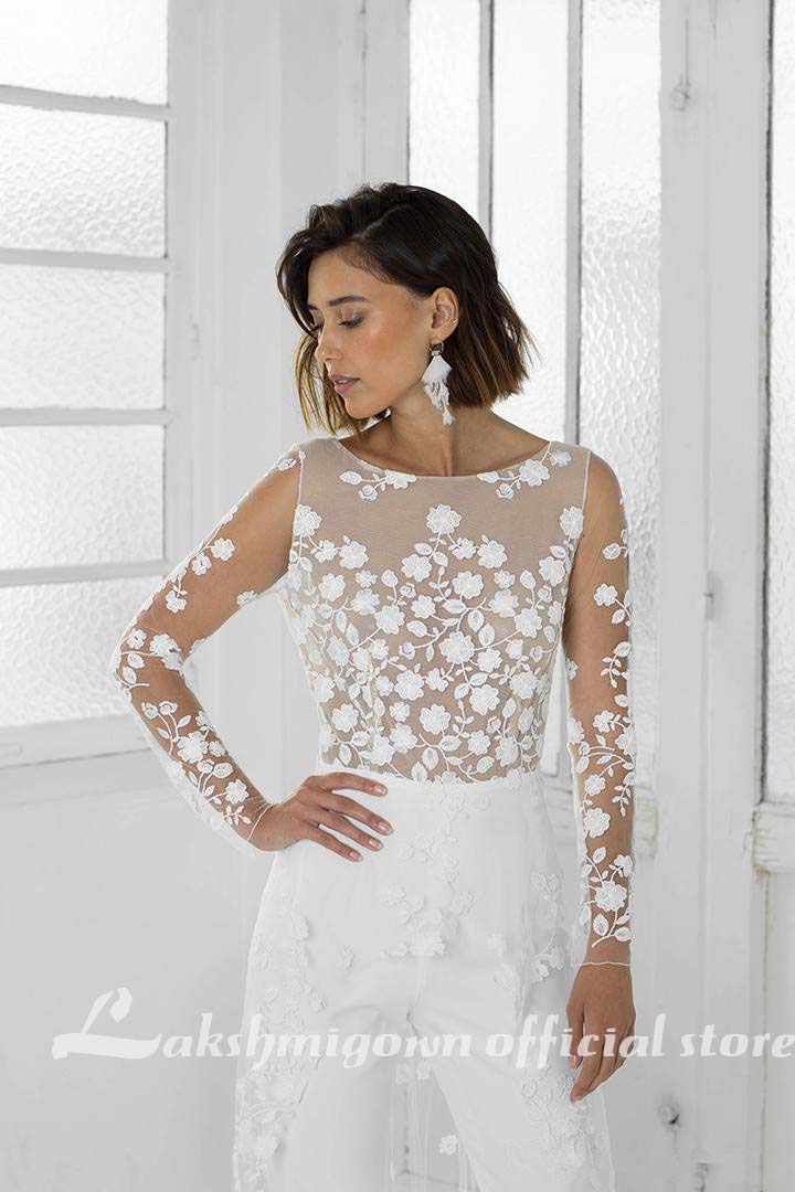 Baoleely White Jumpsuit Beach Wedding Dresses Long Sleeve