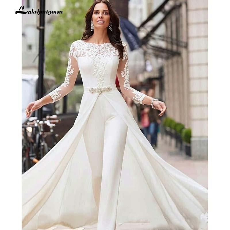 Baoleely White Jumpsuits Pants Long Sleeve Wedding Dresses Lace Satin