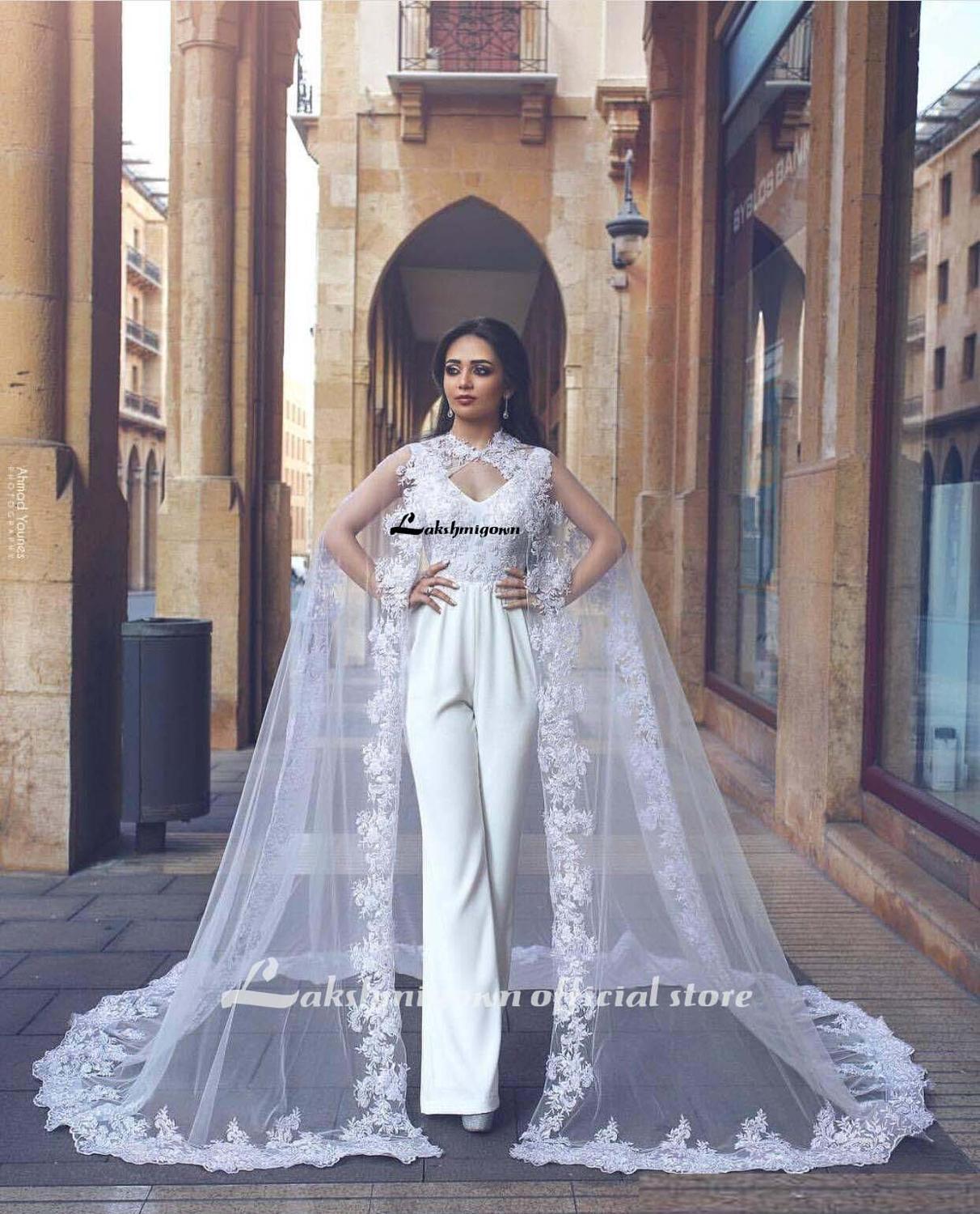 Baoleely White Jumpsuits Wedding Dresses With Long Lace Wrap