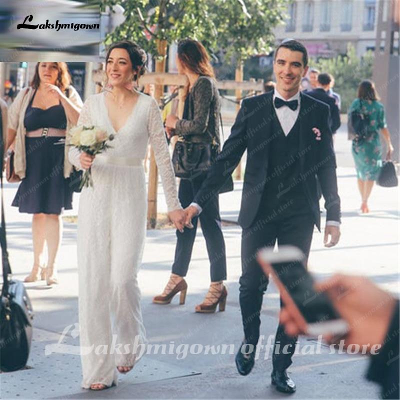 Baoleely White Lace Women Jumpsuits Wedding Dresses Long Sleeve