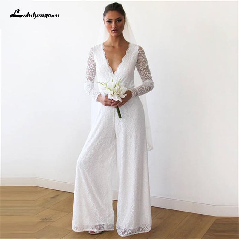 Baoleely White Lace Women Jumpsuits Wedding Dresses Long Sleeve