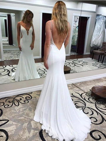 White Lomg Mermaid V Neck Backless Wedding Dresses with Sweep Train