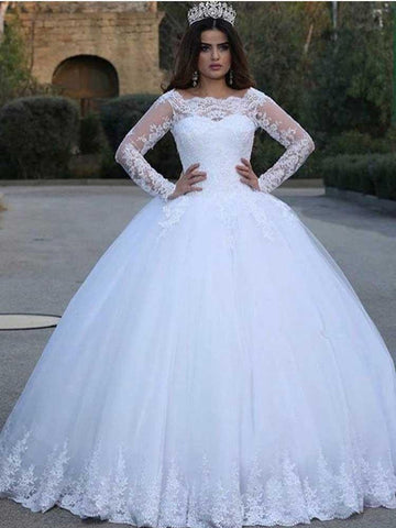Vestidos de novia blancos largos de corte A con apliques de encaje y tul, con mangas.