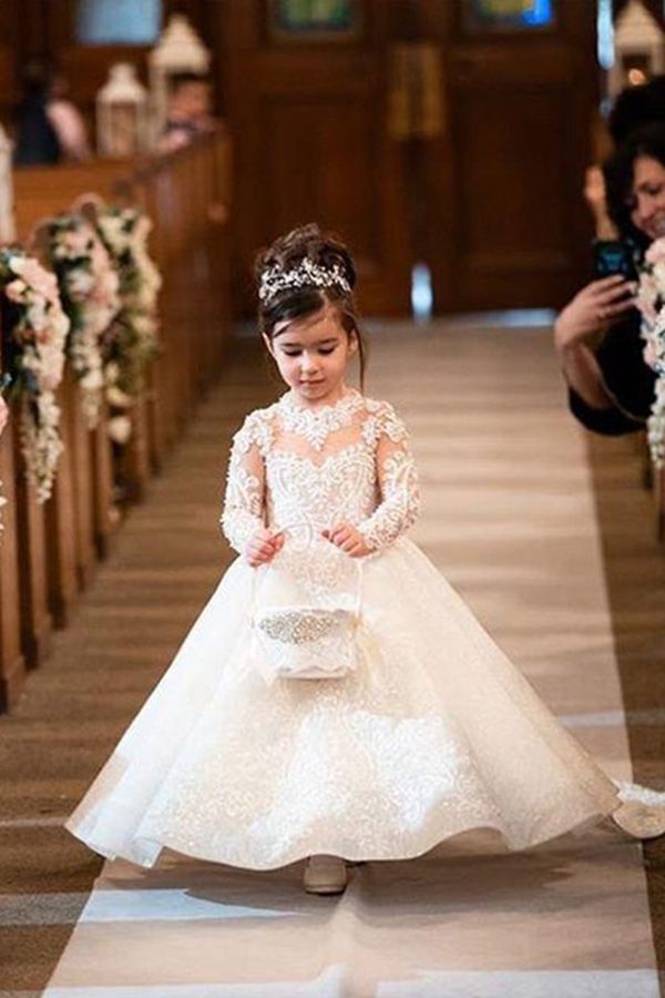 Vestidos blancos largos de encaje para niña de las flores, corte en A, con mangas