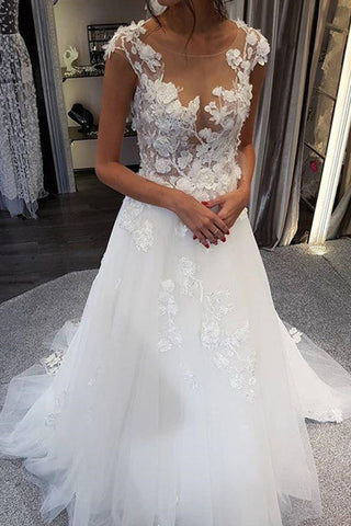 Vestidos de novia largos blancos de corte A con apliques de tul y encaje