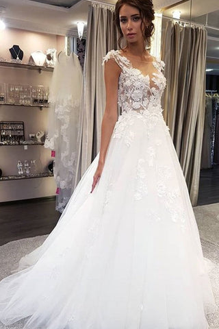 Vestidos de novia largos blancos de corte A con apliques de tul y encaje