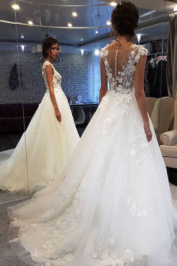 Vestidos de novia largos blancos de corte A con apliques de tul y encaje
