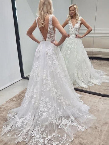 Vestidos de novia blancos largos de corte A, escote en V, espalda descubierta, tul y encaje