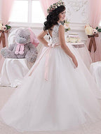 Vestido largo de gala blanco de encaje y tul para bodas, fiesta y niña de las flores