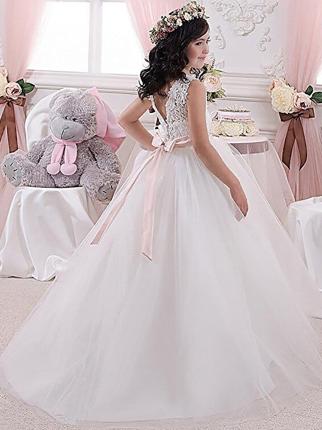 Vestido largo de gala blanco de encaje y tul para bodas, fiesta y niña de las flores