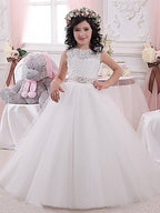 Vestido largo de gala blanco de encaje y tul para bodas, fiesta y niña de las flores
