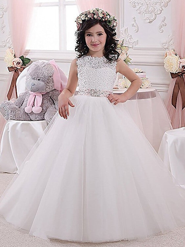 Vestido largo de gala blanco de encaje y tul para bodas, fiesta y niña de las flores