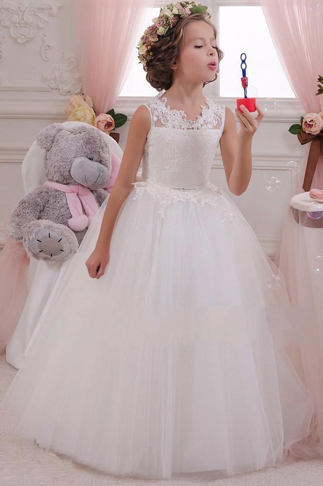 Vestido largo de gala blanco sin mangas con escote redondo y tul para niña de las flores