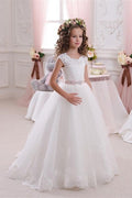 Robe de bal longue blanche à col rond en tulle et dentelle, robe de demoiselle d'honneur