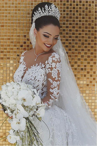 Vestidos de novia blancos largos de sirena con encaje y mangas