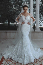 Vestidos de novia blancos largos de sirena con encaje y mangas