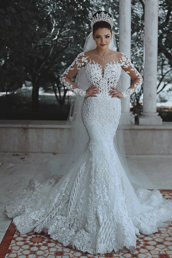 Vestidos de novia blancos largos de sirena con encaje y mangas