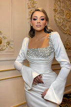 White Long Sleeve Square Mermaid Prom Dresses with Pearls Sequins