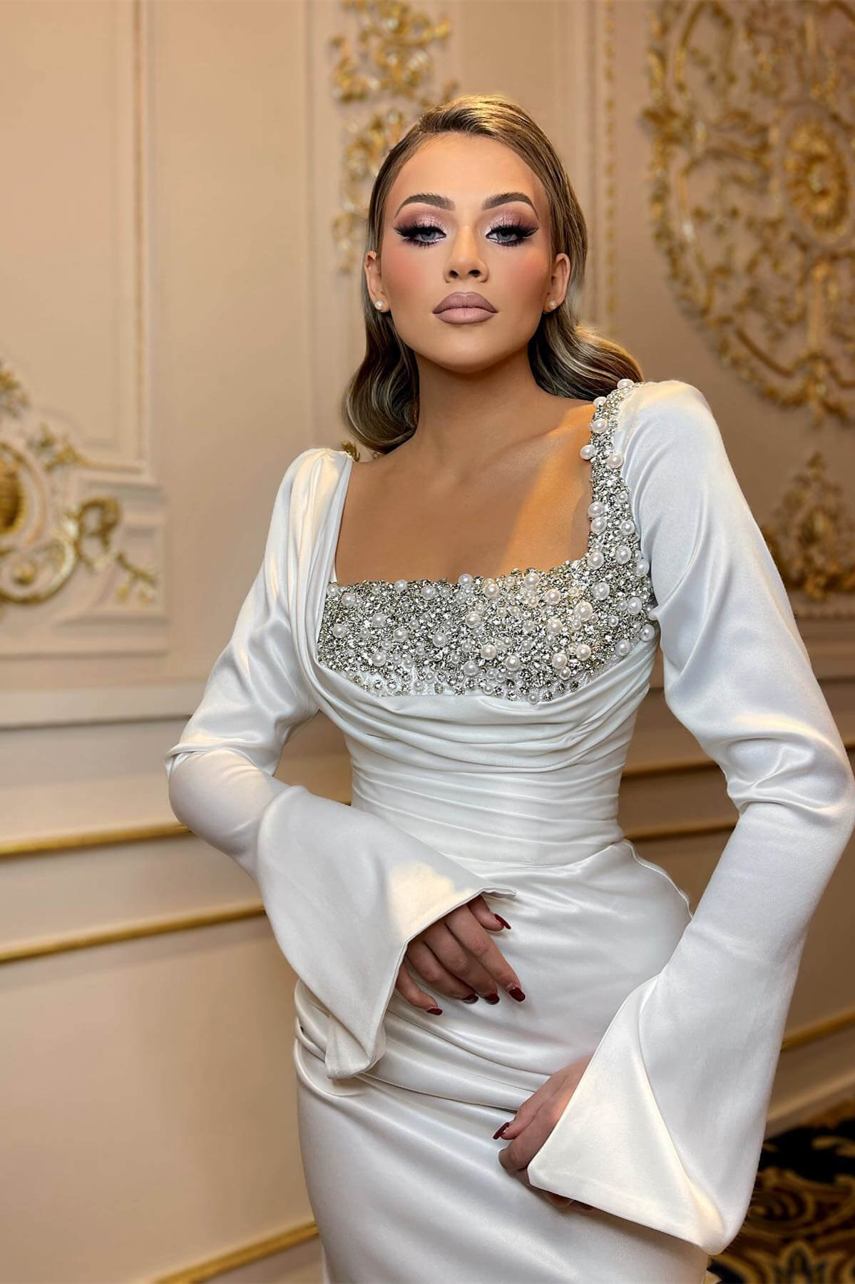 White Long Sleeve Square Mermaid Prom Dresses with Pearls Sequins