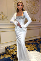 White Long Sleeve Square Mermaid Prom Dresses with Pearls Sequins
