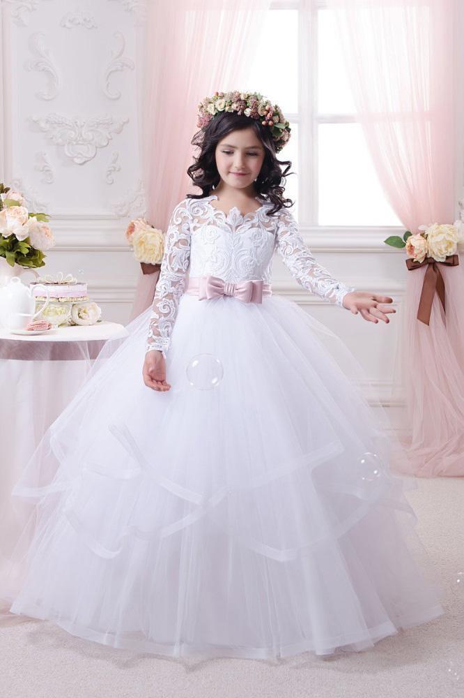Vestido de gala blanco de manga larga con escote redondo y encaje de tul para niña de las flores