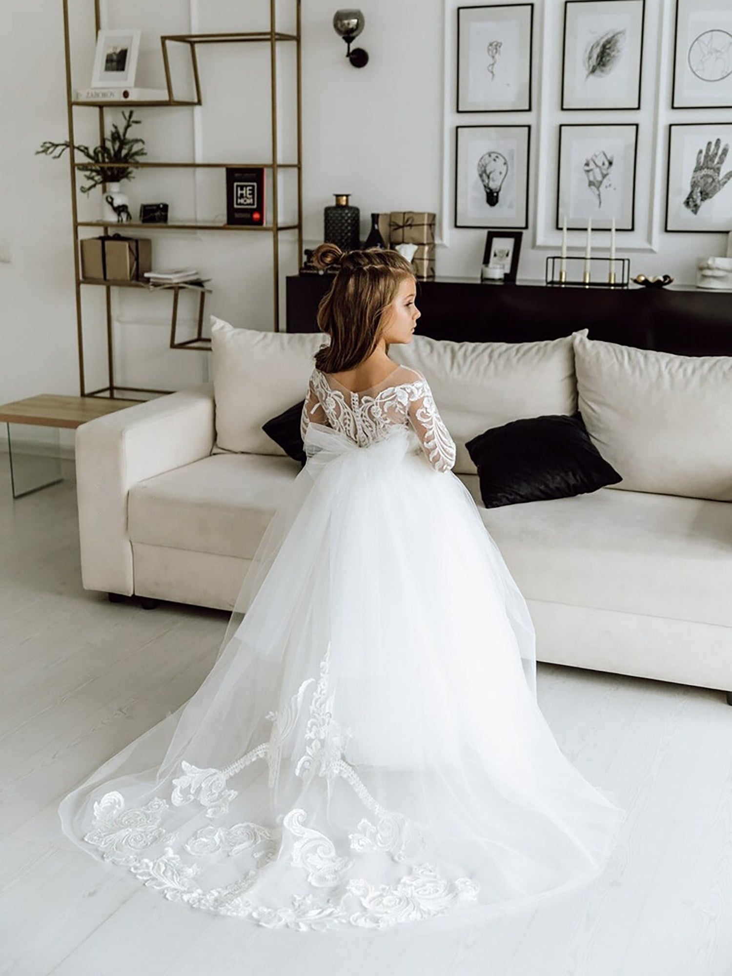 Vestido de niña de las flores blanco de manga larga, estilo gala, con tul y encaje, y lazo.