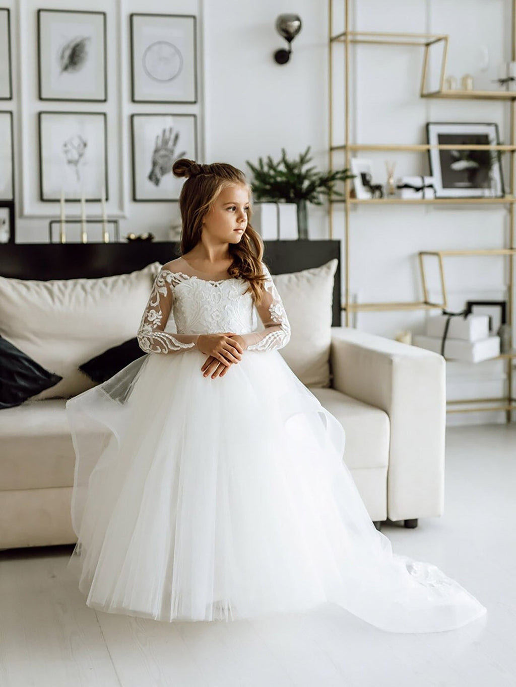 Vestido de niña de las flores blanco de manga larga, estilo gala, con tul y encaje, y lazo.