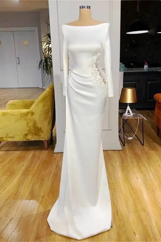 White Long Sleeves Mermaid Prom Dresses Featuring Appliques