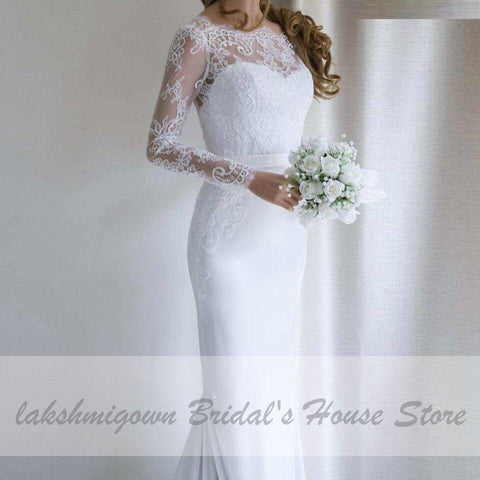 Baoleely White Mermaid Dress Vintage Lace Long Sleeve Wedding Dress