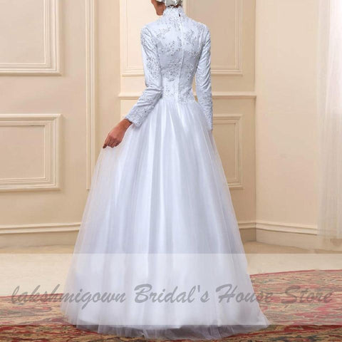 Baoleely White Muslim High Neck Wedding Dress Satin Long Sleeve
